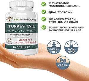 Real Mushrooms Turkey Tail Mushroom Supplements for Immune Support, Wellness, & Vitality | Vegan, Non-GMO Turkey Tail Capsules (90 Capsules / 45 Day Supply)