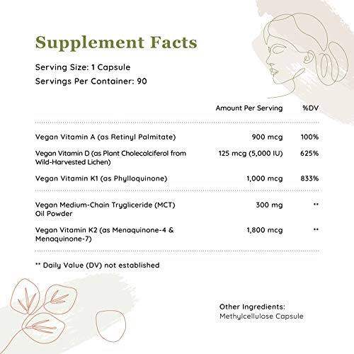 Vegan ADK Vitamin Supplement (5,000 IU I 90 Capsules) w/MCT Oil for Max Absorption - Heart, Bones and Immune Support - Vitamins A, D3 5,000 IU, K1, K2 (MK7 and MK4) - No Soy Non-GMO Gluten Free