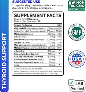 Thyroid Support with Iodine (120 Capsules & Non-GMO) Improve Your Energy & Increase Metabolism - Ashwagandha Root - Thyroid Health Complex Supplement