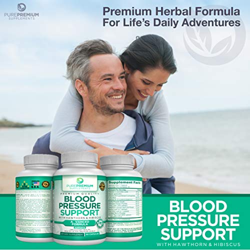 Premium Blood Pressure Support Supplement by PurePremium with Hawthorn & Hibiscus - Supports Cardiovascular & Circulatory Health - Vitamins & Herbs Promote Heart Health - 90 Caps
