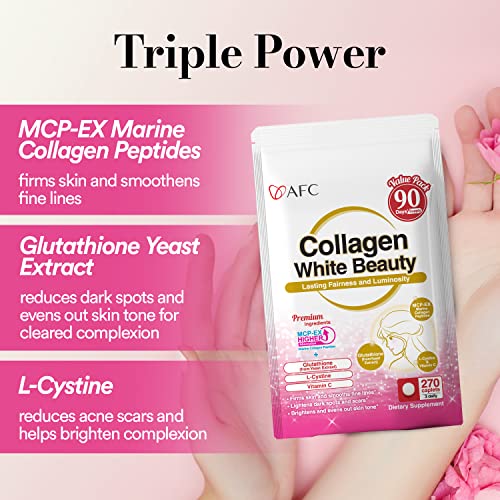 AFC Japan Collagen White Beauty with Marine Collagen Peptide, Glutathione, L-Cystine - 1.5X Better Absorption Than Other Collagen – for Skin Firmness & Whitening– 90 Days Supply's