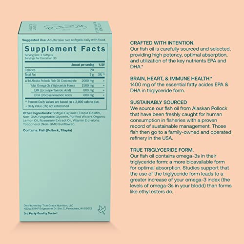 True Grace Omega-3 Fish Oil 2000mg Triglyceride Form Highly Concentrated EPA+DHA Brain, Heart, Joint & Immune Health Support Supplement-Wild-Caught,Molecularly Distilled,Purified,Non-GMO-180 Softgels