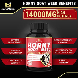 (2 Packs) Horny Goat Weed Capsules, 14000mg Herbal Equivalent with Maca, Tribulus, Ginseng - Performance and Energy Support - 120 Capsules