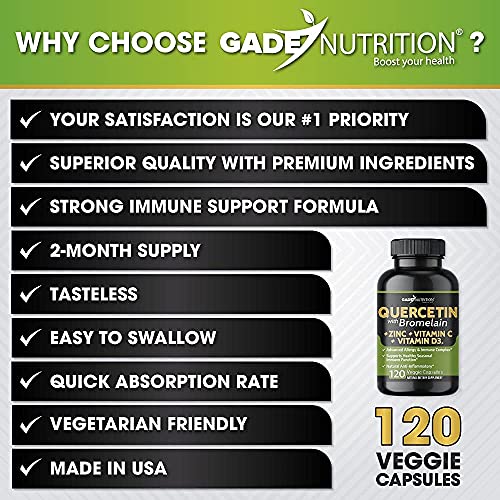 Quercetin with Vitamin C and Zinc - Quercetin 500mg - Quercetin with Bromelain - Zinc Quercetin - 120 Veggie Caps. Quercetin Supplements + Vitamin D3 (Non-GMO, Gluten-Free, Vegan) 2 Month Supply