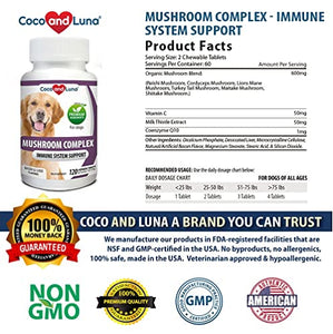 Mushroom Complex for Dogs - Immune Support for Dogs, Digestive Support, Dog Hip and Joint Health - with Turkey Tail, Lion's Mane, Shiitake, Maitake, Milk Thistle + Vitamins - 120 Chewable Tablets