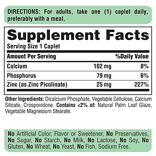 Puritan's Pride Zinc Picolinate 25 Mg to Support Immune System Health Caplets, White, 100 Count