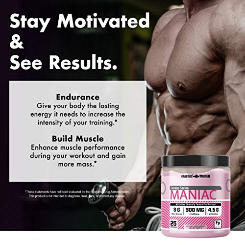 Maniac Pre Workout Powder by Anabolic Warfare – Preworkout Mix to Boost Focus & Energy with Caffeine, Beta Alanine, Lions Mane Mushroom , L Citrulline Powder and Creatine (Fruit Punch - 25 Servings