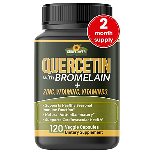Quercetin with Vitamin C and Zinc - Quercetin with Bromelain - Quercetin 500mg - Zinc Quercetin - 120 Veggie Caps - Quercetin Supplements + Vitamin D3 - (Non-GMO, Gluten-Free, Vegan) 2 Month Supply