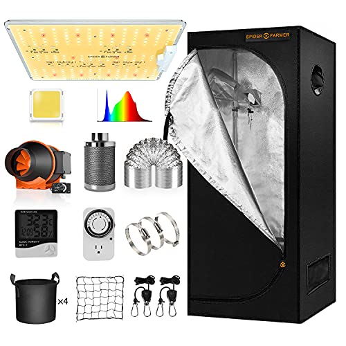 Spider Farmer 2x2 Grow Tent Kit Complete SF-1000D Full Spectrum LED Grow Light Samsung Diodes 24” X 24” X 55” Growing Tent 4 Inch Inline Fan Filter Combo Setup System for Indoor Plants Veg Flower