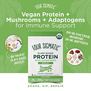 Four Sigmatic Superfood Protein, Organic Plant-Based Protein with Chaga Mushroom & Ashwagandha, Supports Immune Function & Muscle Repair, Portable + Unflavored, 10 Count