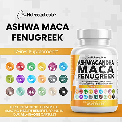 Ashwagandha Maca Root Fenugreek Supplement with Tongkat Ali Ginseng - Assists with Stress, Mood & Adrenal Health - Ashwagandha Capsules Maca Pills Fenugreek Caps Made in USA - 60 Count