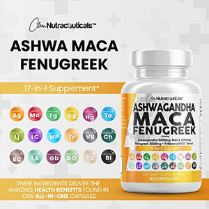 Ashwagandha Maca Root Fenugreek Supplement with Tongkat Ali Ginseng - Assists with Stress, Mood & Adrenal Health - Ashwagandha Capsules Maca Pills Fenugreek Caps Made in USA - 60 Count