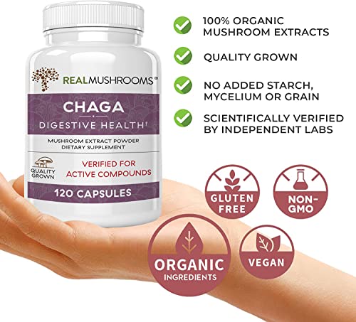 Real Mushrooms Chaga Capsules for Digestive Health and Immune Support (120ct) Vegan, Non-GMO Chaga Extract Supplements, Verified Levels of Beta-Glucans