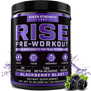 Rise Pre Workout Powder Supplement – Science Backed Pre Workout for Men & Women w/No Jitters -Supports Steady Energy & Lasting Endurance – Sheer Strength Labs - BlackBerry Blast Flavor - 25 Servings