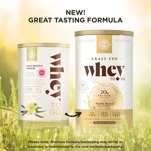 Solgar Grass Fed Whey to Go Protein Powder Vanilla, 11.9 oz - 20g of Grass-Fed Protein from New Zealand cows - Great Tasting & Mixes Easily - Supports Strength & Recovery - Non-GMO, 13 servings