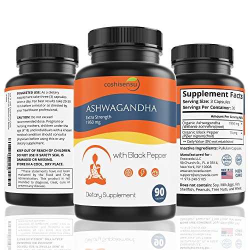 Ashwagandha Organic Capsules 1950mg with Black Pepper - Ashwagandha Root Extract - Stress Relief - Mood Enhancer - Organic Ashwagandha Root Powder Extract - 90 Vegan Capsules