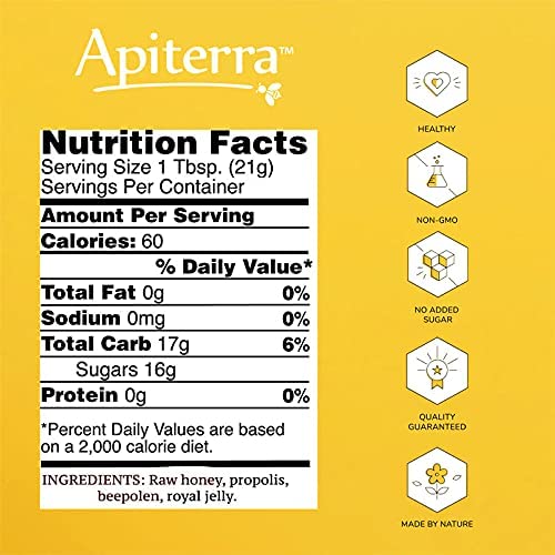 Apiterra - Pure Raw Honey Infused with Propolis, Bee Pollen and Royal Jelly - Natural Immune Support and Energy Boost (total 32 ounce)