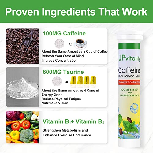 Upvitality Sugar Free Caffeine Mints-100mg Caffeine & Vitamin B Caffeine Gum, Boost Energy and Focus & Stay Awake Energy Gum,1 Mint Replaces 1 Coffee, Caffeine Candy & Gummies, Chews.(4 Pack,60 Mints)