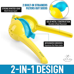 Zulay Metal 2-In-1 Lemon Lime Squeezer - Hand Juicer Lemon Squeezer - Max Extraction Manual Citrus Juicer (Vibrant Yellow and Blue Atoll)