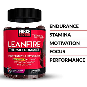 LeanFire Thermo Gummies with B12 Vitamins, Caffeine, & Green Coffee Bean, Boost Energy, Metabolism, Endurance, Stamina, Motivation, Focus, & Performance, Pre Workout Gummies, Force Factor, 60 Gummies