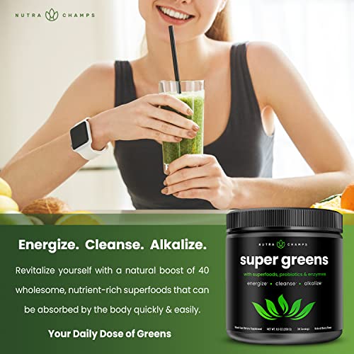 Super Greens Powder Premium Superfood | 20+ Organic Green Veggie Whole Foods | Wheat Grass, Spirulina, Chlorella & More | Antioxidant, Digestive Enzyme & Probiotic Blends | Vegan Juice Supplement