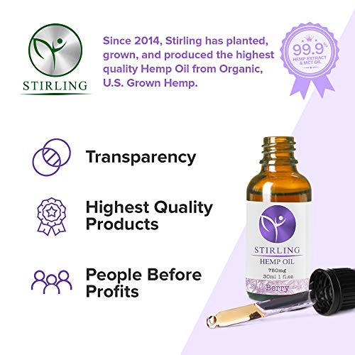 STIRLING - 750mg Real Hemp Oil Extract w/ Berry Essential Oils. Pure & Potent U.S. Grown Hemp Oil Tincture with MCT Oil. Sleep and Anxiety Relief. Maximum Strength Extract has 1000x Potency!