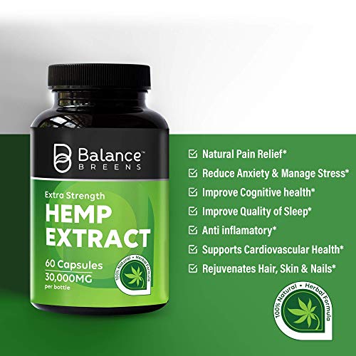 Balance Breens Hemp Extract Capsules 30,000 mg per Bottle- Natural Dietary Supplement for Pain, Stress & Anxiety Relief, Immune Support- Rich in Omega 3-6-9 Fatty Acids - 60 Capsules (1)