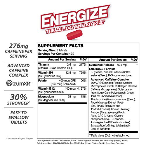 iSatori Energize Extra Strength Caffeine Pills - Fast Acting Long-Lasting Energy Pill - Extended-Release Caffeine - Improved Alertness and Clarity - All Day Energy, No Jitters, No Crash (60 Tablets)