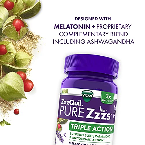 ZzzQuil PURE Zzzs, Triple Action Gummy, 3x Melatonin Sleep-Aid with Ashwagandha, Non-Habit Forming, Drug Free, 6mg Melatonin/Serving, 60 Gummies