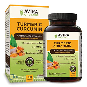 Avira Organic Turmeric Curcumin with Bioperine, Max strength – 2100mg Daily Serving, Non GMO, Made with Organic Turmeric Curcumin with Amla, 180 Capsules for Joint Support, yellow