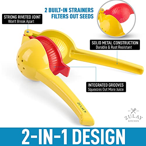 Zulay Premium Quality Metal Lemon Lime Squeezer - Manual Citrus Press Juicer (Bright Yellow and Red)