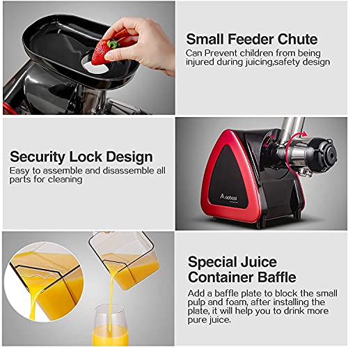 Aobosi Slow Masticating Juicer Machine, Cold Press juicer Extractor, Quiet Motor, Reverse Function, High Nutrient Fruit and Vegetable Juice with Juice Jug & Brush for Cleaning, Red