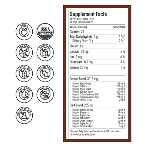 Botanica Organic Chocolate Greens Superfood Powder with Spirulina, Chlorella, Barley, Wheat Grass & Cocoa (27 Servings), No Dairy, Gluten, Soy, Stevia or Added Sugar, Premium Whole Food Ingredients