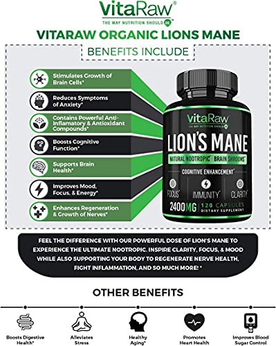 Organic Lions Mane Mushroom Capsules (2400mg | Powerful Nootropic ) Brain Mushroom Supplement for Focus & Immune Support Pure Lion's Mane Mushroom Powder Extract - Brain Booster Memory & Energy Pills