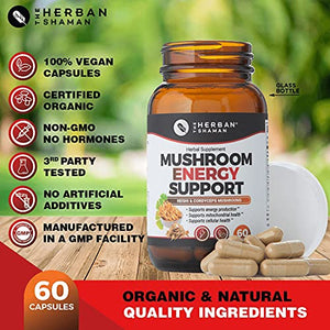 The Herban Shaman Mushroom Supplement Energy Support | Organic Mushroom Herbal Capsules with Reishi, Ginkgo, Rhodiola, Maca, Chinese Ginseng, CoQ10 + More (60 Capsules)