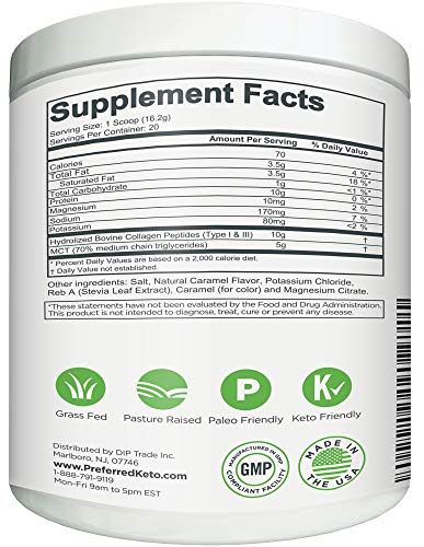 Keto Collagen Protein Powder with MCT Oil – Keto and Paleo Friendly Pure Grass Fed Pasture Raised Hydrolyzed Collagen Peptides Keyto Salted Caramel Flavor