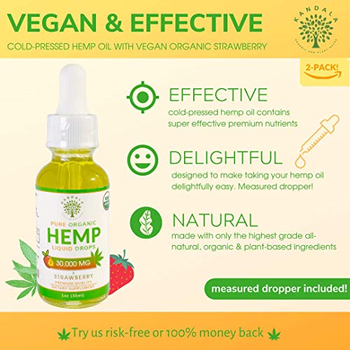 Organic Pure Hemp Oil 30,000 MG, by Kandala for Pain & Stress Natural Hemp Drops – Helps with Sleep, Skin, and Hair (2 Pack, Strawberry)