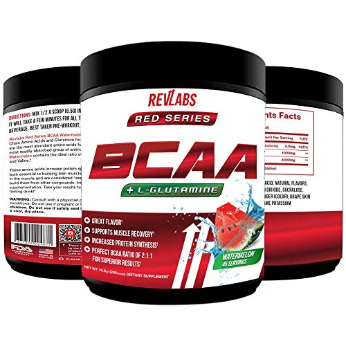 BCAA Plus L-Glutamine by Revlabs - Watermelon Flavor, Branched Chain Essential Amino Acids, Keto Friendly, Post-Workout Muscle Recovery and Muscle Builder, 45 Servings