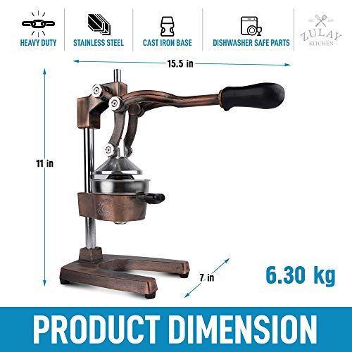 Zulay Professional Citrus Juicer - Manual Citrus Press and Orange Squeezer - Metal Lemon Squeezer - Premium Quality Heavy Duty Manual Orange Juicer and Lime Squeezer Press Stand, Copper Finish