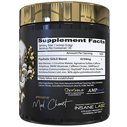 Insane Labz Psychotic Gold, High Stimulant Pre Workout Powder, Extreme Lasting Energy, Focus, Pumps and Endurance with Beta Alanine, DMAE Bitartrate, Citrulline, NO Booster, 35 Srvgs, Cherry Bomb