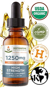 High Strength Hemp Oil for Body & Mind Wellness - 1250mg Mandarin Orange Flavor (2 oz - 120 Servings) Restorative Botanicals - Pain Relief for Weary Muscles & Joints, Healthy Sleep, Mental Clarity