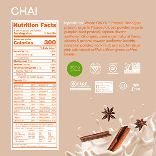 OWYN - 100% Vegan Protein Meal Replacement Shakes for Weight Loss | Chai, 12 Fl Oz (Pack of 24) | Dairy-Free, Gluten-Free, Soy-Free, Tree Nut-Free, Egg-Free, Allergy-Free, Plant-Based