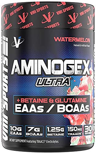 VMI Sports | Aminogex Ultra | BCAA Powder | Amino Acids + Betaine and Glutamine | Amino Acid Post Workout Recovery Drink | Intra Workout Drink with TRAACS Electrolytes | (Watermelon, 30 Servings)