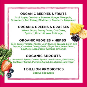 Orgain Organic Green Superfoods Powder, Berry - Antioxidants, 1 Billion Probiotics, Vegan, Dairy Free, Gluten Free, Kosher, Non-GMO, 0.62 Pound (Packaging May Vary).