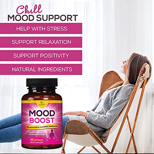 Stress Support Supplement 1000mg, Natural Herbal Formula for Calm, Positive Mood, Relaxation - Made in USA - with Ashwagandha, Niacin, L-Theanine, Rhodiola Rosea, 5-Htp - 60 Capsules