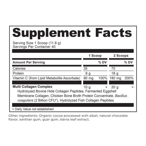 Collagen Powder Protein by Ancient Nutrition, Multi Collagen Chocolate Protein Powder, 40 Servings, with Vitamin C, Hydrolyzed Collagen Peptides Supports Skin and Nails, Gut Health, 16.65oz