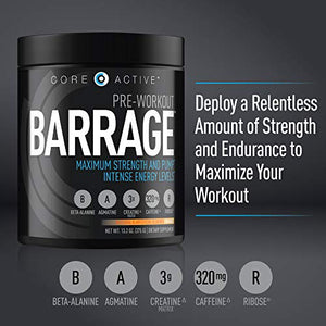 Core Active Barrage Pre Workout - Pre-Workout for Men and Women with Creatine, Beta-Alanine, Agmatine Sulfate, and Caffeine - Pump Up Your Workout with Intense Energy and Focus - Orange (30 Servings)