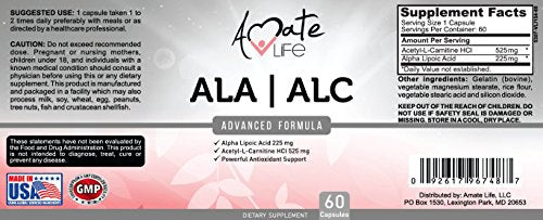 ALA / ALC High Potency Formula- Best Alpha Lipoic Acid and Acetyl-L-Carnitine HCl Dietary Supplement- Antioxidant Support- Energy Boost- for Men and Women by Amate Life 60 Capsules