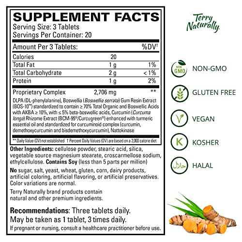 Terry Naturally Curamin Extra Strength - 60 Vegan Tablets - Non-Addictive Pain Relief Supplement with Curcumin from Turmeric, Boswellia & DLPA - Non-GMO, Gluten-Free - 20 Servings