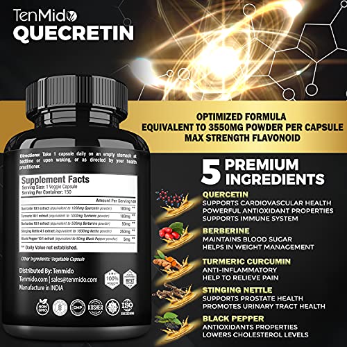 Quercetin Capsules 3550mg, 5 Months Supply & Berberine, Stinging Nettle, Turmeric, Black Pepper | Promotes Cardiovascular, Respiratory Health, Supports Immune | Powerful Antioxidant, Anti Inflammatory